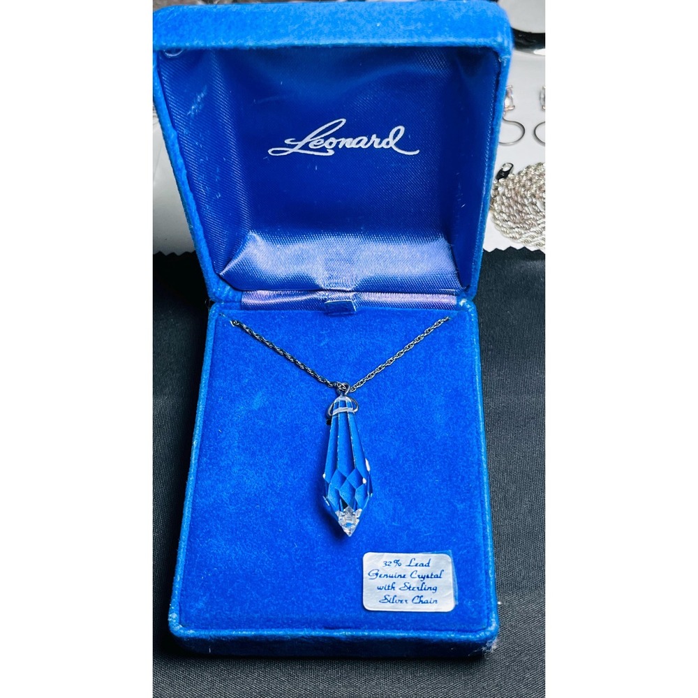 Vintage Leonard Crystal Drop Pendant Necklace 19in 925 Silver Chain fairycore